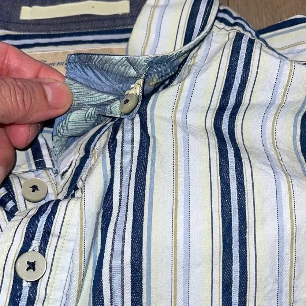 Tommy Bahama Men Size L White Blue Stripe Cotton Silk Shirt - Picture 7 of 10